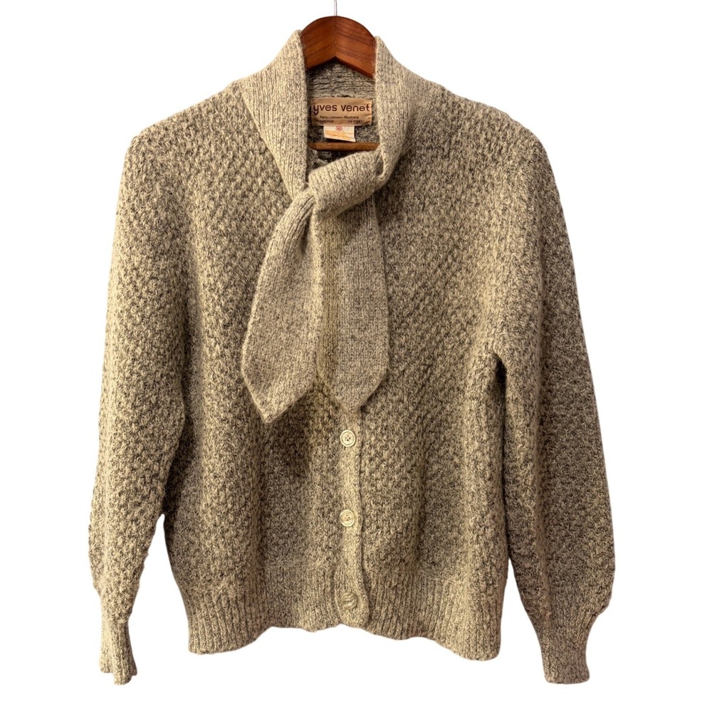 Vintage Yves Venet Tie Neck Cardigan Sweater Oatmeal Wool Blend Textured Knit 40